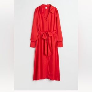 NWT H&M shirt dress, Long sleeve, tie belt, midi length, red